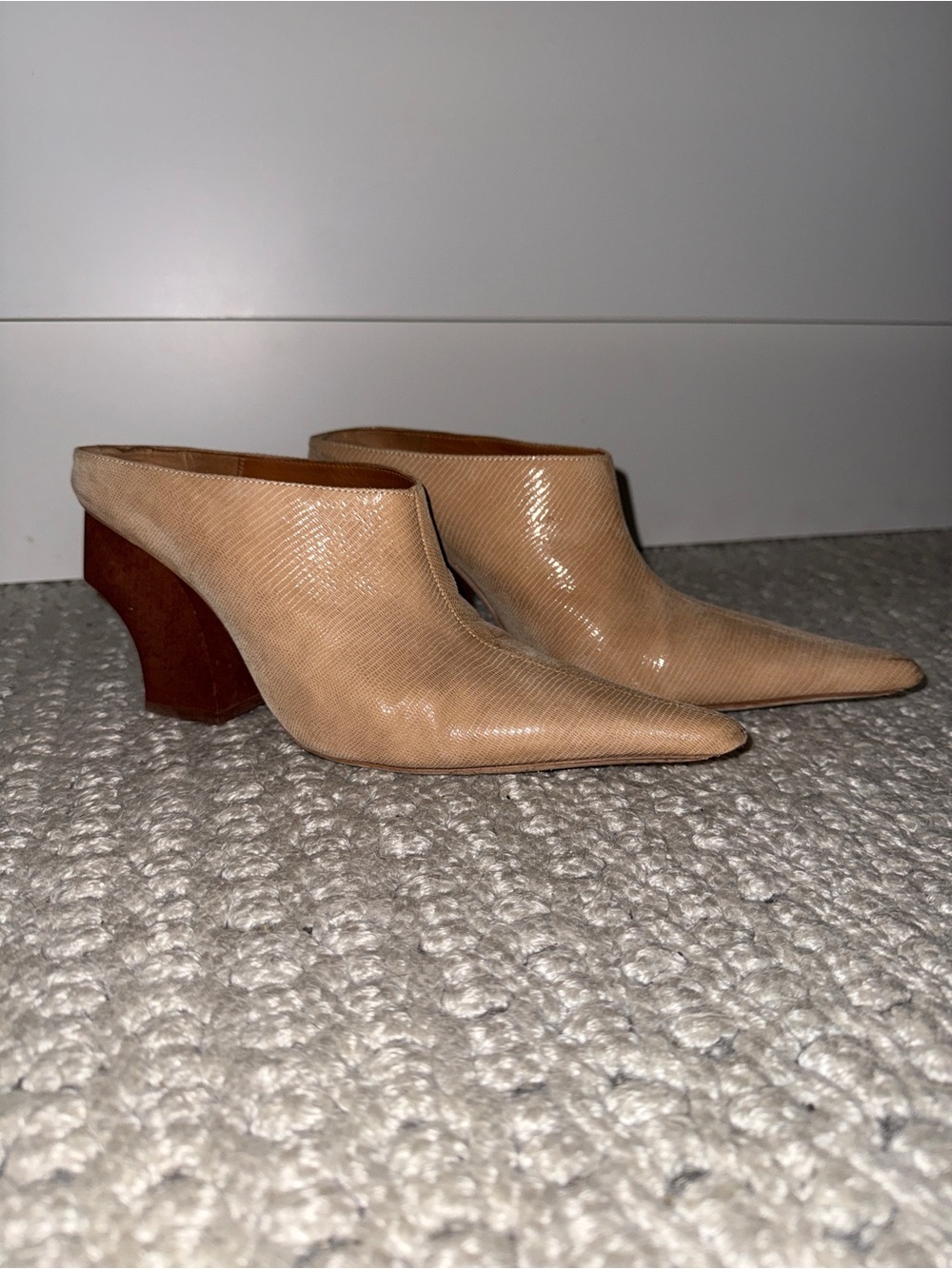 Rejina Pyo Beige Pointed Mule with Sculpted Brown Heel